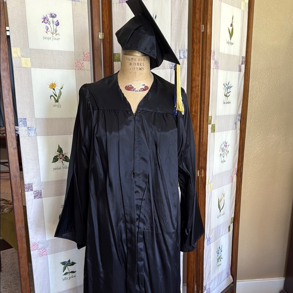Vintage 1980s Jostens Graduation Cap, Gown, and Tassels Set (1982 & 1986)